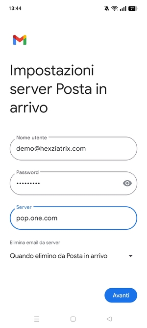 Inserisci Nome utente e l'indirizzo del server di posta in arrivo. Seleziona Avanti