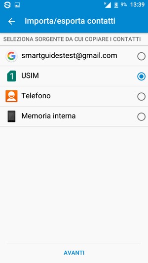 Seleziona la scheda SIM e poi AVANTI
