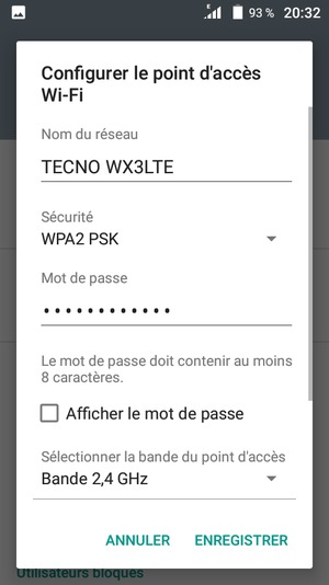 Saisissez un mot de passe de hotspot Wi-Fi d'au moins 8 caractères et sélectionnez ENREGISTRER