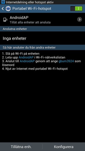 Din telefon har nu ställts in för att kunna användas som ett modem