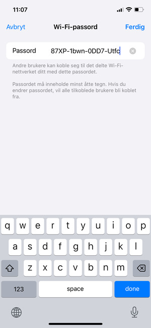 Skriv inn et Wi-Fi hotspot-passord på minst 8 tegn og velg Ferdig