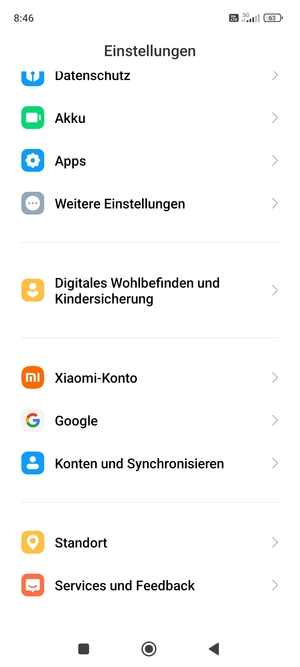 Scrollen Sie und wählen Sie Konten und Synchronisieren