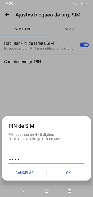 Confirme su nuevo código PIN de SIM y seleccione OK