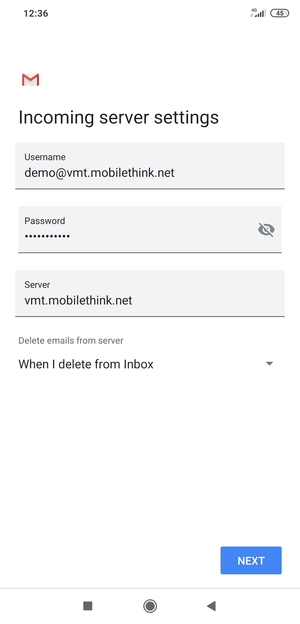 Enter Username and Incoming server address. Select NEXT