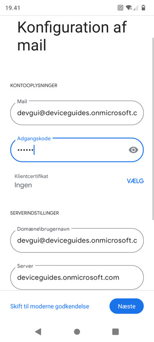 Indtast Brugernavn og Exchange serveradresse. Vælg Næste