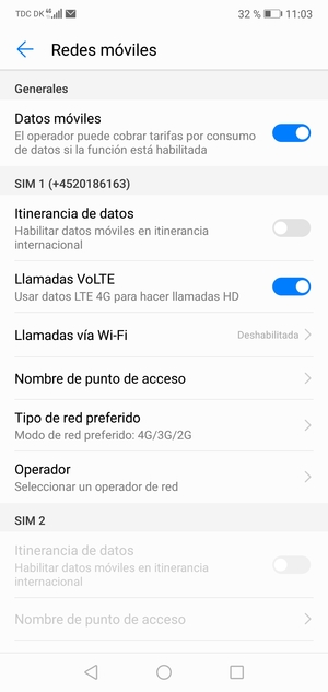Desplácese a SIM 1 o SIM 2 y seleccione Nombre de punto de acceso