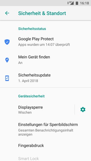 Um Ihre Bildschirmsperre zu aktivieren, gehen Sie zum Sicherheit & Standort Menü und wählen Sie  Displaysperre