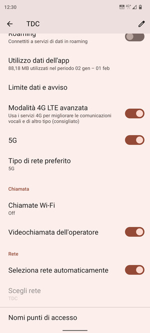 Scorri e seleziona Tipo di rete preferito
