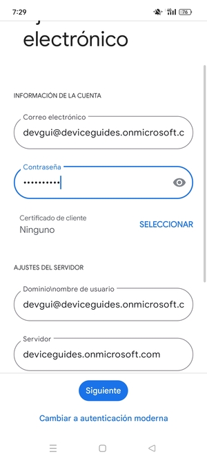 Introduzca Nombre de usuario y la dirección de servidor Exchange. Seleccione Siguiente