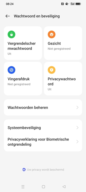 Om uw schermvergrendeling te activeren, ga naar het Wachtwoord en beveiliging-menu en selecteer Vergrendelscherm wachtwoord