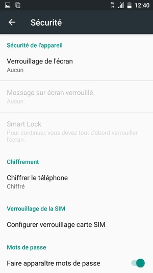Pour activer votre écran de verrouillage, allez dans le menu Sécurité et sélectionnez Verrouillage de l'écran