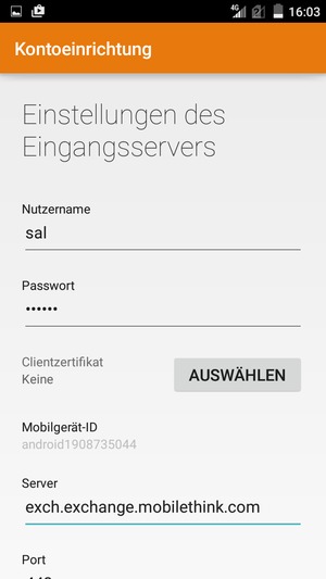 Geben Sie Benutzername und die Exchange Server-Adresse ein