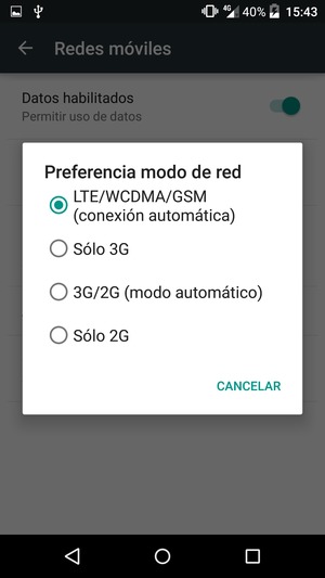 Seleccione Sólo GSM / Sólo 2G para habilitar 2G