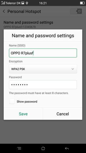 Enter a Wi-Fi hotspot password of at least 8 characters and select Save