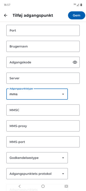 Scroll ned og indtast MMS-oplysninger