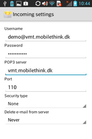 Enter Username and Incoming server address