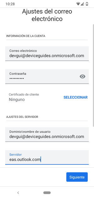 Introduzca Siguiente y la dirección de servidor Exchange. Seleccione Siguiente
