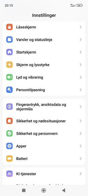 Bla til og velg Fingeravtrykk, ansiktsdata og skjermlås