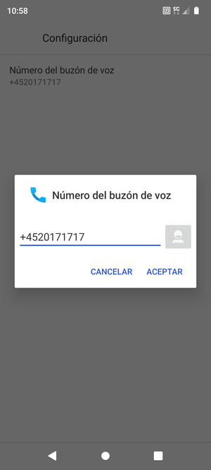 Introduzca el Número del buzón de voz y seleccione ACEPTAR