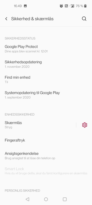 For at aktivere din skærmlås, gå til menuen Sikkerhed & skærmlås og vælg Skærmlås