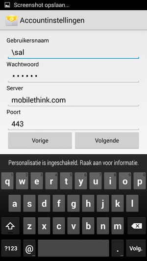 Voer Gebruikersnaam en Exchange serveradres in. Selecteer Volgende
