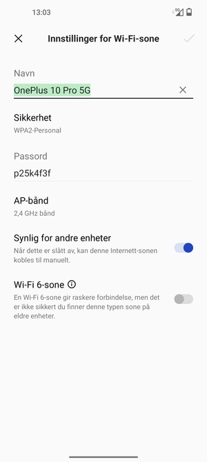 Skriv inn et Wi-Fi hotspot-passord på minst 8 tegn og velg OK
