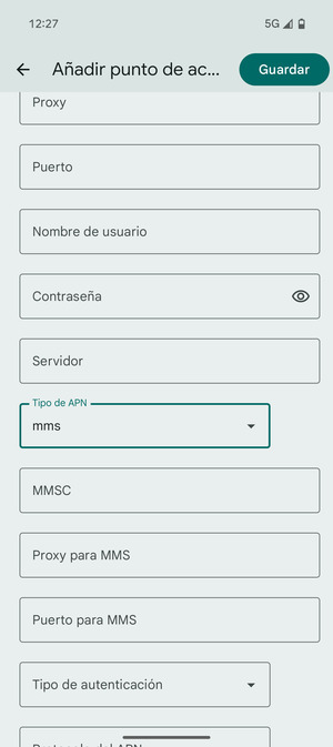 Desplácese hacia abajo e introduzca la información MMS