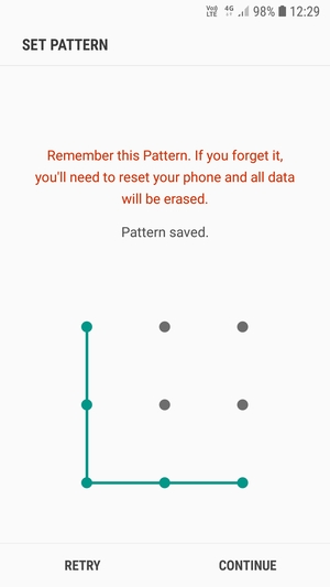 Draw an unlock pattern and select CONTINUE