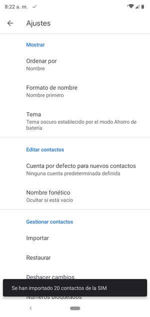 Sus contactos se guardarán en su cuenta de Google y se guardarán en su teléfono la próxima vez que Google sea sincronizado.