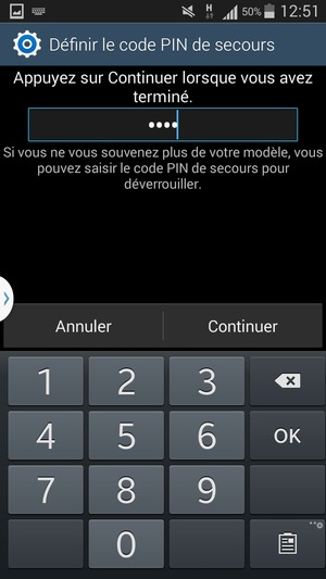 Entrez un Code PIN de secours et appuyez sur Continuer