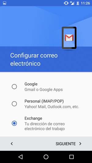 Seleccione Exchange y luego seleccione SIGUIENTE