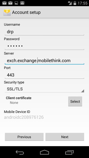 Enter Username and Exchange server address. Select Next