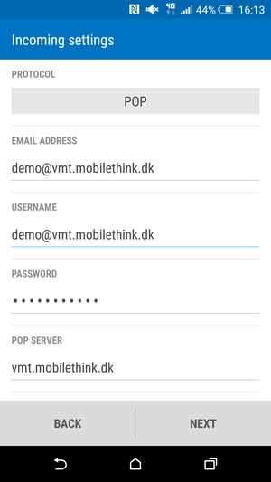 Enter Username and Incoming server address. Select NEXT