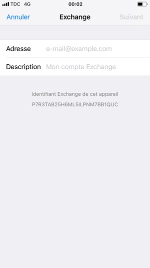 Saisissez vos informations de messagerie Exchange et sélectionnez Suivant