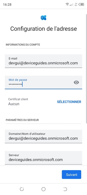 Saisissez votre Nom d'utilisateur et l'adresse du serveur Exchange. Sélectionnez Suivant