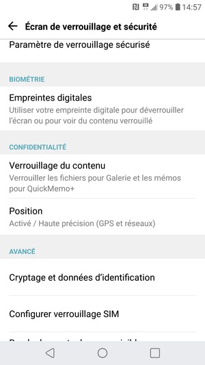 Pour modifier le code PIN de la carte SIM, retournez dans le menu Écran de verrouillage et sécurité et sélectionnez Configurer verrouillage SIM