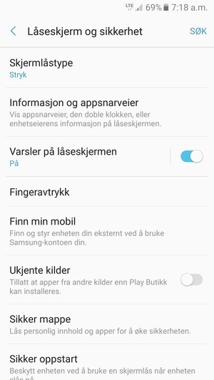 For å aktivere skjermlåsen, gå til Låseskjerm og sikkerhet-menyen og velg Skjermlåstype