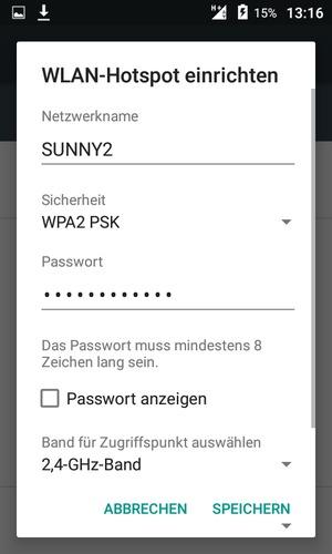 Geben Sie eine WLAN-Hotspot-Passwort mit mindestens 8 Zeichen ein und wählen Sie SPEICHERN