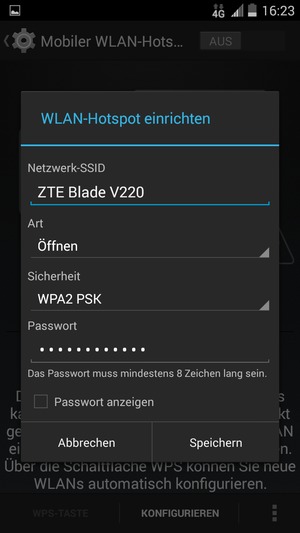 Geben Sie ein Passwort mit mindestens 8 Zeichen ein und wählen Sie Speichern