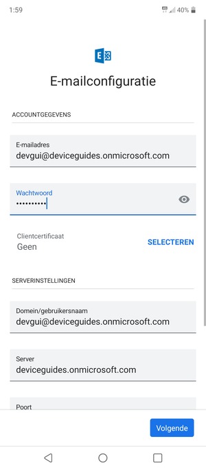Voer Gebruikersnaam en Exchange serveradres in. Selecteer Volgende