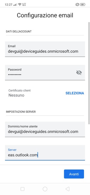 Inserisci Nome utente e l'indirizzo del server Exchange. Seleziona AVANTI