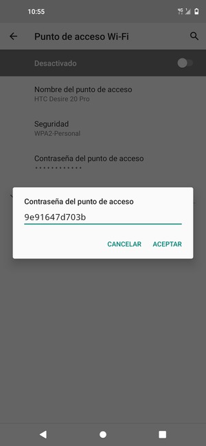 Introduzca una contraseña de punto de acceso Wi-Fi de al menos 8 caracteres y seleccione ACEPTAR