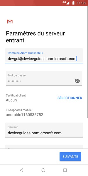 Saisissez votre Nom d'utilisateur et l'adresse du serveur Exchange. Sélectionnez SUIVANTE