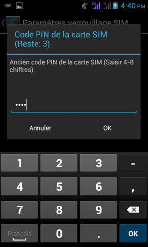 Saisissez votre Ancien code PIN de la carte SIM et sélectionnez OK