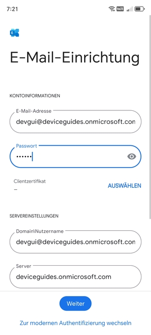 Geben Sie Benutzername und Exchange Server-Adresse ein. Wählen Sie Weiter