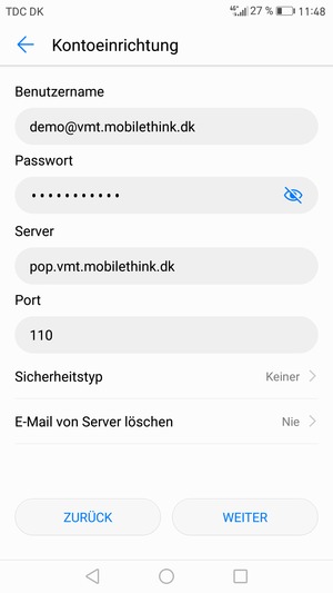 Geben Sie Benutzername und die Server-Adresse für eingehende Post ein. Wählen Sie WEITER