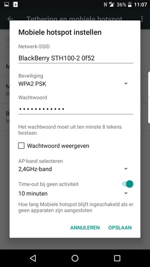Voer een wachtwoord van een WiFi-hotspot in van ten minste 8 tekens en selecteer OPSLAAN