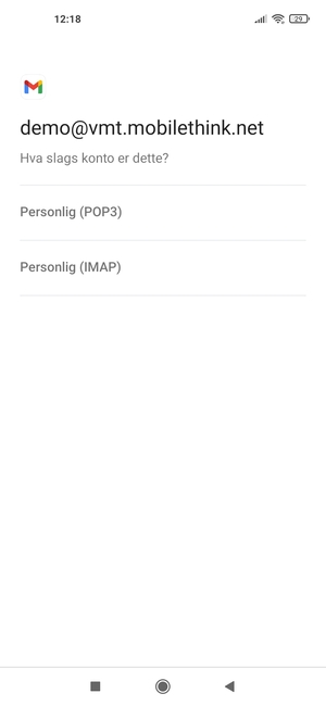 Velg Personlig (POP3) eller Personlig (IMAP)