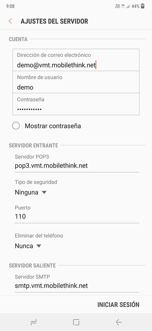 Introduzca Nombre de usuario y la dirección de servidor entrante
