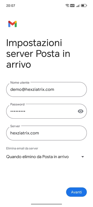 Inserisci Nome utente e l'indirizzo del server di posta in arrivo. Seleziona Avanti